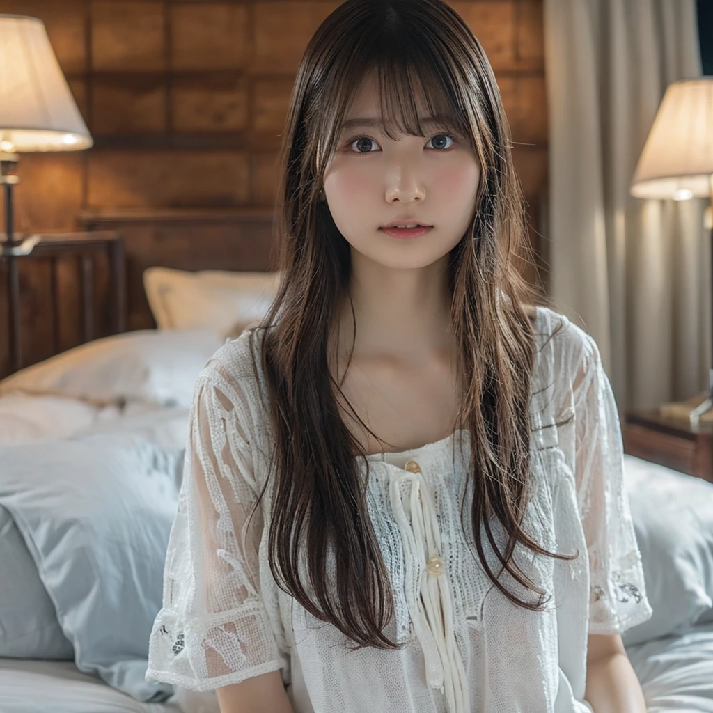  High Resolution ,  textured skin, girl, 20 years old, Height: 153cm, ((Big Breasts,round face)), photograph, ((Expose)), ((Busty, chestの谷間, chest, sexy)), , cute, Idol, ((bed, Light clothing,night)) Black underwear, negligee, グラビアIdol, sweat,  feels good, relax