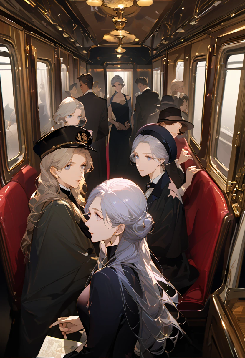 High image quality、Masterpiece、Best Quality、woman、young、Silver Hair、Long Hair、curl、Inside the train、Magazine Cover、Black clothes、 black dress to hang your body、 Disney Princesses Take Their Seats、Wear a hat、1870s、Take a seat 、 upper body、Agatha Christie、Orient Express