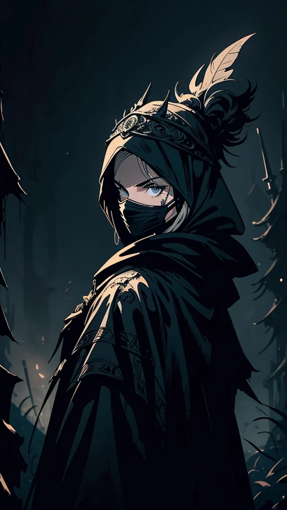 A digital illustration featuring a woman hunter dressed in a dark and ominous outfit in dynamic action. She is wearing a black hooded cloak with a hood that covers their face and upper body. The cloak is made of a shiny, metallic material and has intricate designs and patterns on it. The hood is also covered with a black mask that covers the person's eyes and nose. On the left side of the person, there is a large, pointed headpiece with a feather-like design. The background is dark and foggy, creating a dramatic and ominous atmosphere. The overall mood of the image is ominous and foreboding. (Bloodborne scene, intricate light and shadow play, Cinematic:1.1),  90's cartoon style, Vintage cartoon style, Jae Lee style, Stan Lee Style