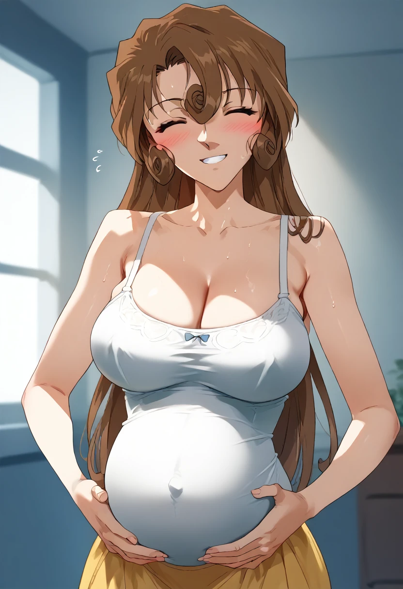 Cleavage、Big Breasts、blush、Sweat、In the heat、EVERYWHERE_Yukiko,smile、Put your hands on your stomach、smile、closed eyes、
{Highest quality}, {so beautiful}, {Very detailed}, {Best illustrations},Life、、Camisole long maxi dress(tight)、Are standing、
Pregnant women:2