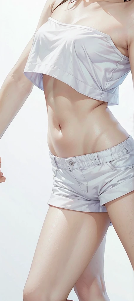 8K、realistic、Adorable Girl . Very Kawaii , Round Face . Solo , Slim , Medium Breasts , Short Stature . Glossy Skin . Plain White T-shirt . Booty Shorts . Dynamic Pose . Dynamic Angle . No Background , White Background , looking at viewer