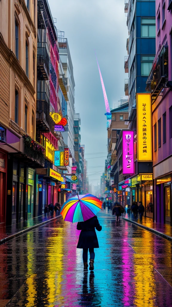 A fluffy cat with rainbow-colored fur walking confidently on a wet, reflective street. The cat has a small unicorn horn on its head and rainbow-colored wings spread out slightly. The background shows a blurred crowd of people in various winter clothes, some with umbrellas, as they walk through the street on a rainy day. The scene captures a whimsical, magical atmosphere with the contrast between the colorful creature and the urban environment