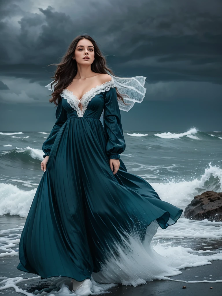 as( Change the color of Dressed in royal green the waves crash against the shore ,  their powerful energy is captured in a dress that embodies the turbulent nature of the sea. The summit, crafted from rich ,  deep blue velvet ,  reflects stormy waters .  The collar is blouse style , adding a touch of sophistication.  The buttons run halfway ,  giving the dress a dynamic look .  The long lace sleeves ,  in contrasting white ,  echoes the sparkling waves . The model,  tall, confident ,  exudes an ethereal beauty . Her makeup is daring,  that matches the intensity of the sea .  The dramatic seascape , } with its crashing waves and dark clouds ,  forms an impressive backdrop .
  Make the crossbar hold with the sneakers 