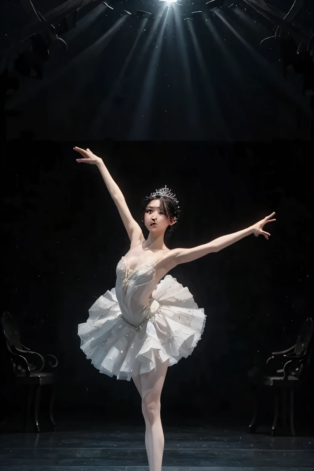 神秘的な湖の上でmoonlightを浴びて優雅にBalletを踊るプリマドンナの少女、Arabesque Pose、、1 girl、(A gorgeous and delicate white tutu)、 Braided Hair、Black Hair、Beautiful legs、Ballet トウシューズ、whole body、From below、Ballet、Swan Lake、Forest Lake 、moonlight、 Fantasy 、 dramatic lighting 、Glitter Effect、Realistic photo、RAW Photos、Highest quality、 High Resolution 、masterpiece、wallpaper、8k、