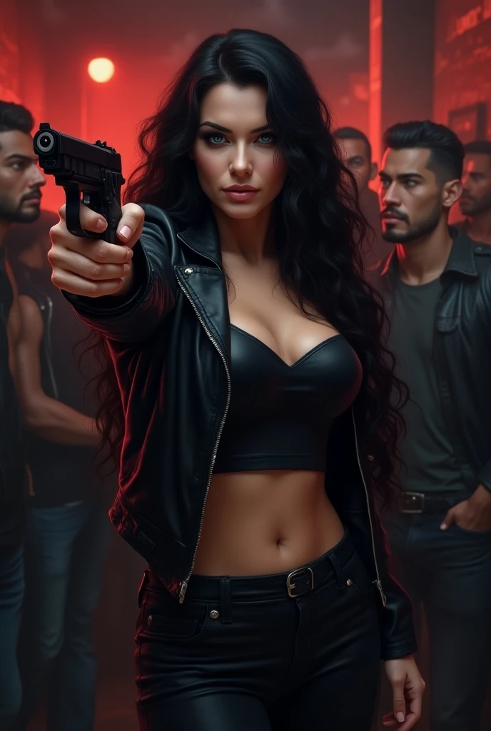 a woman wearing a bra is holding a gun, her face is full of blood, behind her are many gangsters