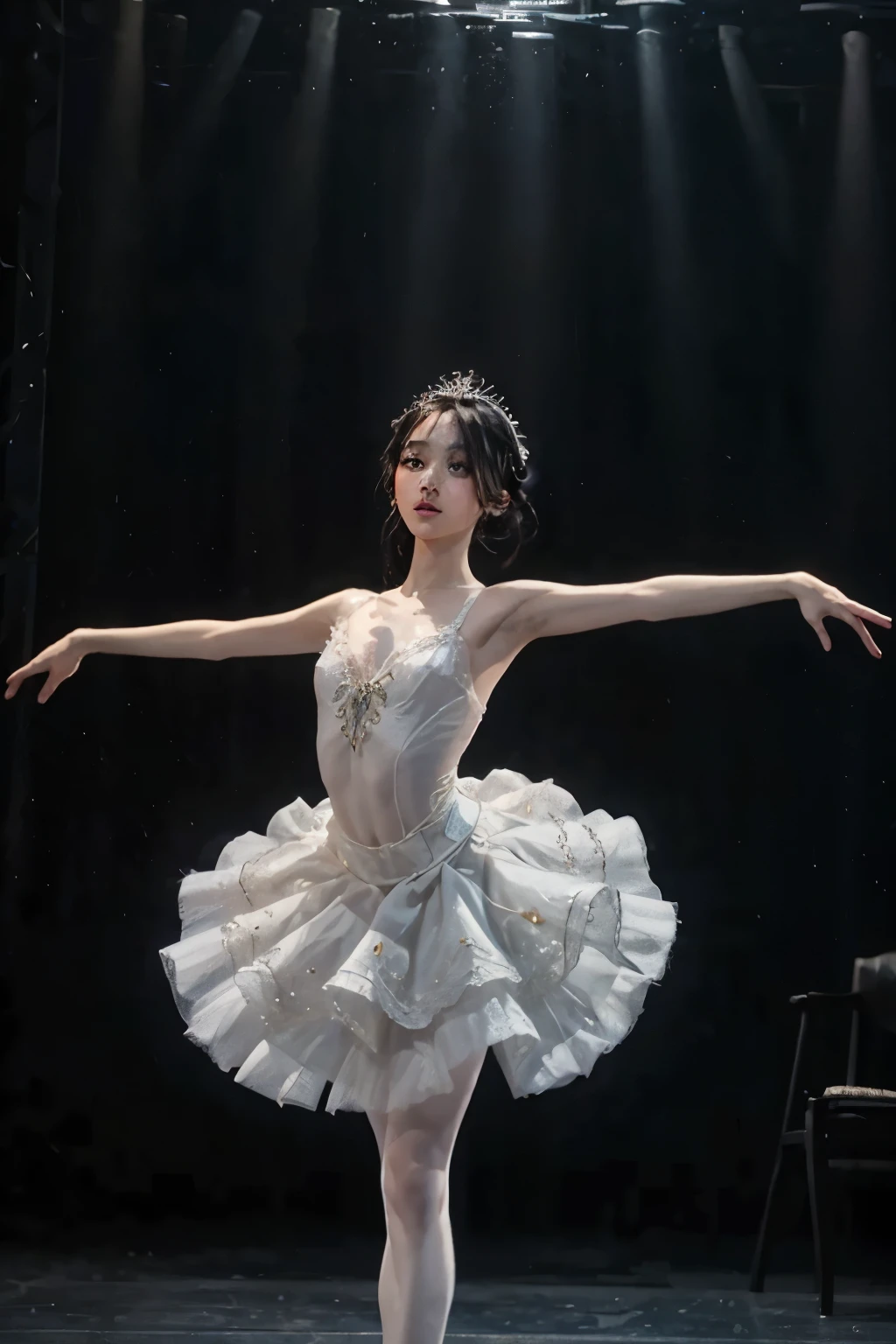 神秘的な湖の上でmoonlightを浴びて優雅にBalletを踊るプリマドンナの少女、Arabesque Pose、、1 girl、(A gorgeous and delicate white tutu)、 Braided Hair、Black Hair、Beautiful legs、Ballet トウシューズ、whole body、From below、Ballet、Swan Lake、Forest Lake 、moonlight、 Fantasy 、 dramatic lighting 、Glitter Effect、Realistic photo、RAW Photos、Highest quality、 High Resolution 、masterpiece、wallpaper、8k、