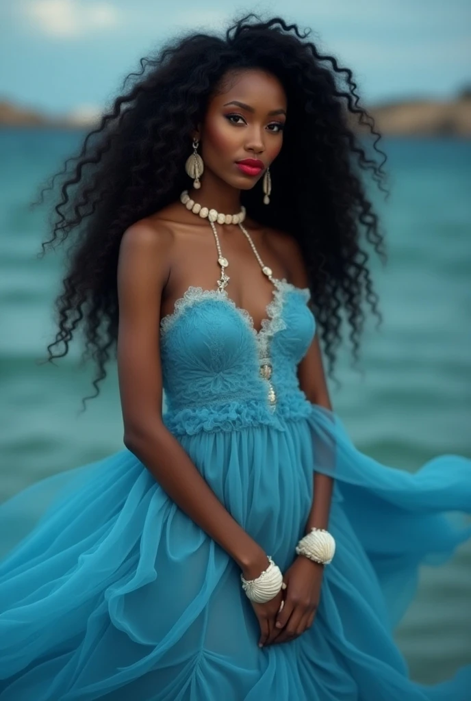 WHITE WOMAN IN BLUE DRESS,short black wavy hair,OCEAN CLOTHING YEMANJÁ Accessories,BLUE GLASS CUP IN HAND,,Queen,red lipgloss stick
