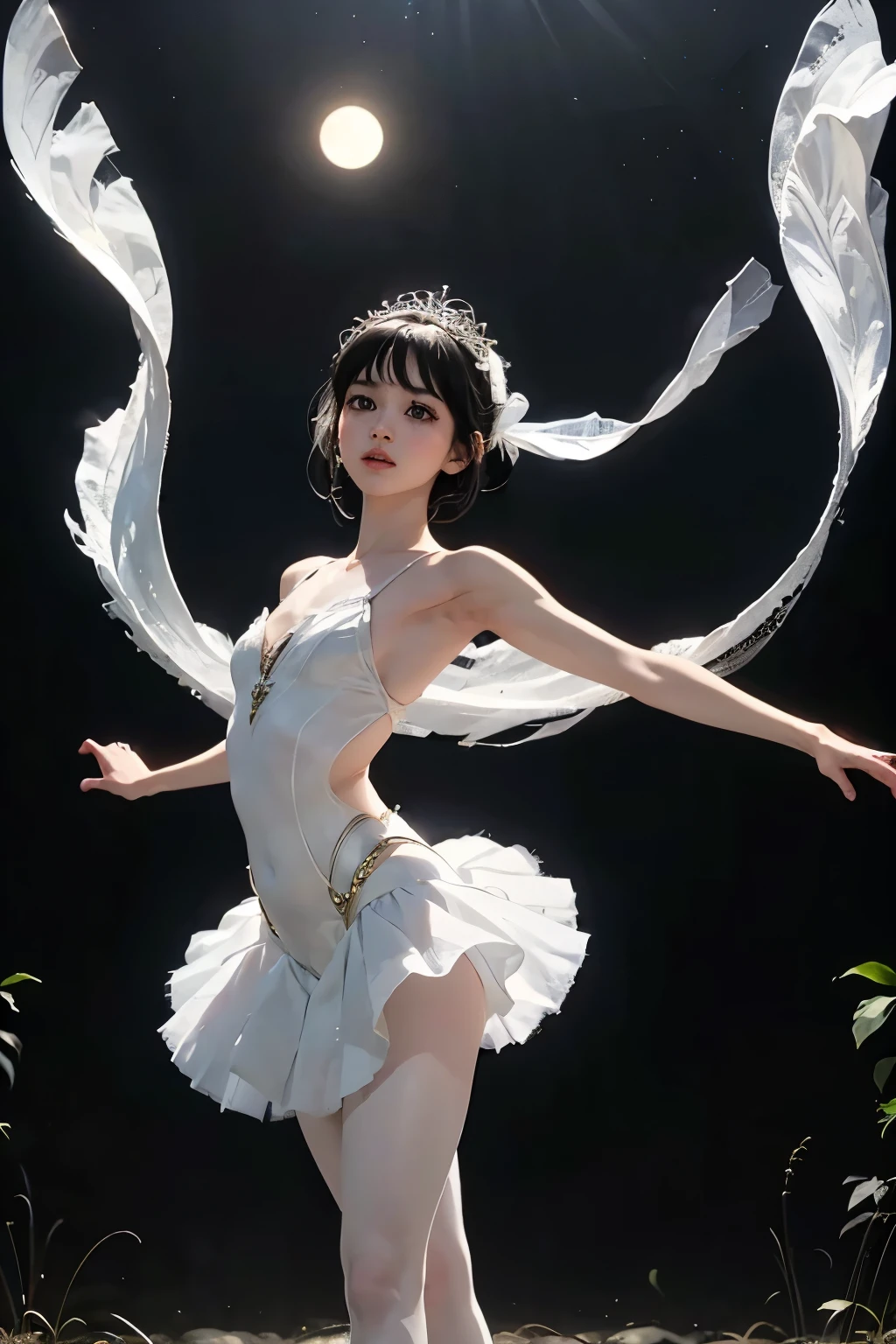 神秘的な湖の上でmoonlightを浴びて優雅にBalletを踊るプリマドンナの少女、Arabesque Pose、、1 girl、(A gorgeous and delicate white tutu)、 Braided Hair、Black Hair、Beautiful legs、Ballet トウシューズ、whole body、From below、Ballet、Swan Lake、Forest Lake 、moonlight、 Fantasy 、 dramatic lighting 、Glitter Effect、Realistic photo、RAW Photos、Highest quality、 High Resolution 、masterpiece、wallpaper、8k、