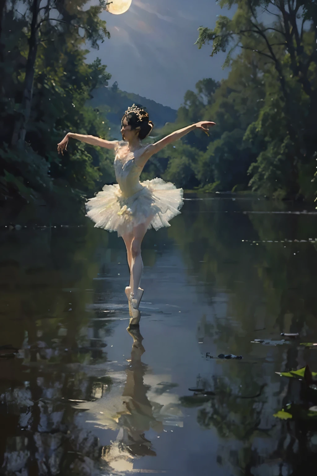 神秘的な湖の上でmoonlightを浴びて優雅にBalletを踊るプリマドンナの少女、Arabesque Pose、、1 girl、(A gorgeous and delicate white tutu)、 Braided Hair、Black Hair、Beautiful legs、Ballet トウシューズ、whole body、From below、Ballet、Swan Lake、Forest Lake 、moonlight、 Fantasy 、 dramatic lighting 、Glitter Effect、Realistic photo、RAW Photos、Highest quality、 High Resolution 、masterpiece、wallpaper、8k、