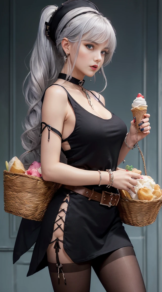 (perky chest:1.2), (pointed chest:1.2),(icecream magazine cover:1.3),(from above:1.2),(shoot from the side:1.1),(((Black Tunic:1.3))),(((cakes and bread in the basket),a 23yo Cute and beautiful girl,masterpiece、highest quality、Very detailed、Beautiful fine details、Detailed landscape、Braided Ponytail、Red camisole、((B cup breasts, Tank top showing underboob:1.0)), thigh strap, bangs, necktie, earrings, nail polish, fishnet pantyhose, silver hair, looking at viewer, full body, bottle, own hands together, belt, food, ring, choker, english text paper:1.2, collared shirt, blue eyes, hat,lace-up boots ,