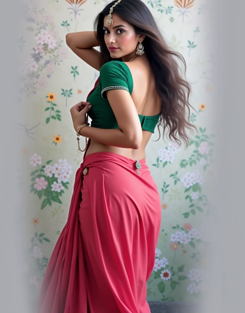 A sexy Indian wife with a huge round hanging and long cleavage line visible in a sexy folded green torn saree & pink single tripe bra, getting ready for sex with husband, messy hair, seductive look