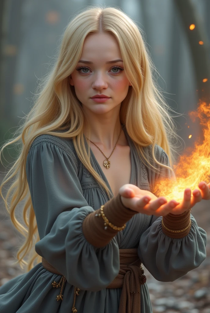 game character a beautiful sorceress with long blond hair wearing dress casts a fireball in a dynamic pose without background, concentration, cold atmosphere, a bizarre mix of colors