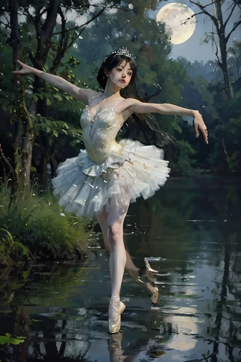 神秘的な湖の上でmoonlightを浴びて優雅にBalletを踊るプリマドンナの少女、Arabesque Pose、、1 girl、(A gorgeous and delicate white tutu)、 Braided Hair、Black Hair、Beautiful legs、Ballet トウシューズ、whole body、From below、Ballet、Swan Lake、Forest Lake 、moonlight、 Fantasy 、 dramatic lighting 、Glitter Effect、Realistic photo、RAW Photos、Highest quality、 High Resolution 、masterpiece、wallpaper、8k、
