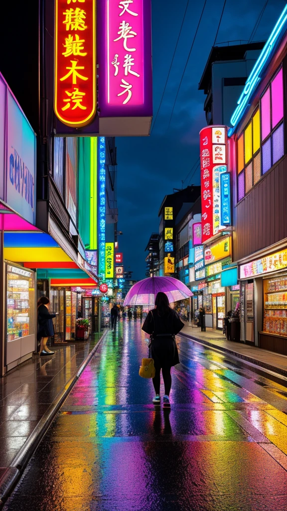 A fluffy cat with rainbow-colored fur, a small unicorn horn, and rainbow wings, walking confidently along a modern Japanese street. The setting features contemporary buildings, convenience stores, and neon signs with Japanese characters. People walk by in casual clothing, some holding umbrellas to shield themselves from the rain. The wet asphalt reflects the city lights, and a few vending machines and bicycles are seen along the sidewalk. The scene blends urban Japanese life with the magical, whimsical appearance of the colorful cat.