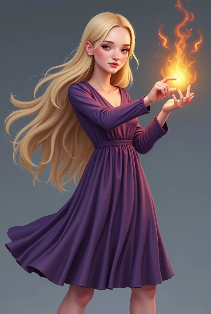 pixel game character a beautiful sorceress with long blond hair wearing dress casts a fireball in a dynamic pose without background, concentration, cold atmosphere, a bizarre mix of colors