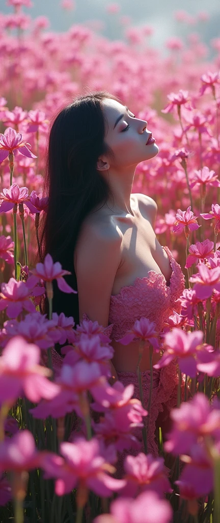 A surreal and captivating photograph of a woman with midnight black hair, standing amidst a mesmerizing field of vibrant pink irises. The flowers surround her, swirling and dancing in an enchanting vortex, their delicate petals caressing her bare skin. Her eyes are closed, lost in the blissful scent of the blooms that envelop her, creating a captivating fusion of natural beauty and feminine power. The irises radiate outward from her body, forming intricate, kaleidoscopic patterns that blur the line between reality and dreams. Petals float through the air like delicate butterflies, some catching in her hair and adorning her like a floral crown. In this surreal and almost psychedelic scene, the woman embodies the essence of the flowers themselves, a goddess rising from the depths of nature's vibrant wildlife photography, vibrant, photo, wildlife photography