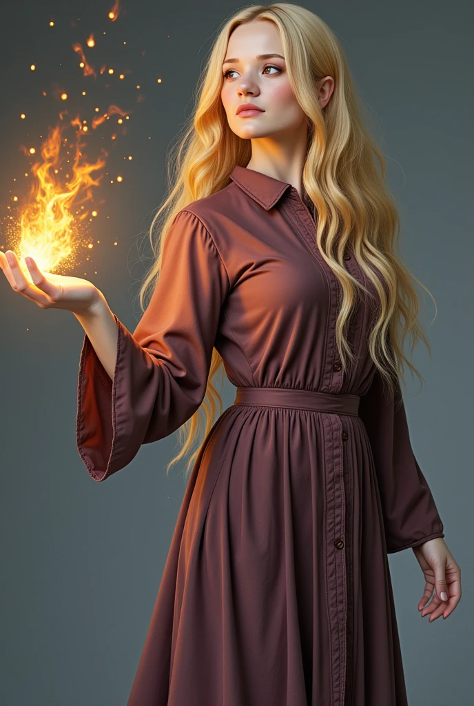 vector character a beautiful sorceress with long blond hair wearing dress casts a fireball in a dynamic pose without background, concentration, cold atmosphere, a bizarre mix of colors