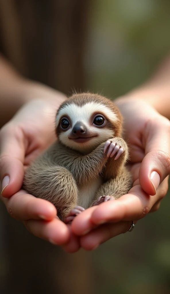 cute baby sloth hanging on a human finger, close up, vibrant, single index finger