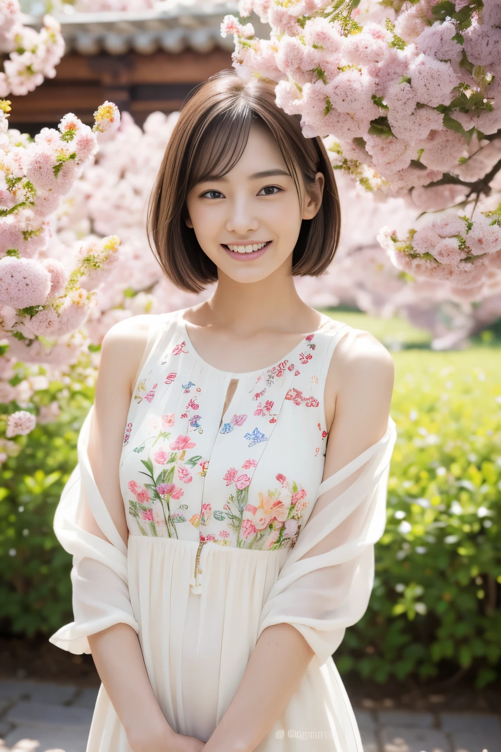 (highest quality,masterpiece:1.3,ultra high resolution),(Super detailed,caustics,8k),(photorealistic:1.4,RAW shooting),1 girl,Are standing,(smile),stare at the camera,20-year-old,cute,Japanese,natural brown middle hair,(white blouse),lime green flared skirt,glamorous,(big ),darkness,night sky,Illuminated night cherry blossoms,professional writing,(cowboy shot),(Tilt composition:1.1),(low position:1.1),(Low - Angle:1.1)