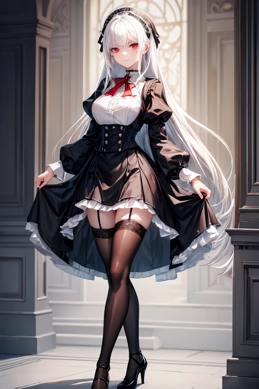 (masterpiece, best quality), 1girl, <lora:cyrille-nvwls-v1:0.8> cyrille, long hair, hair ribbon, white coat, long sleeves, black dress, black thighhighs, white boots