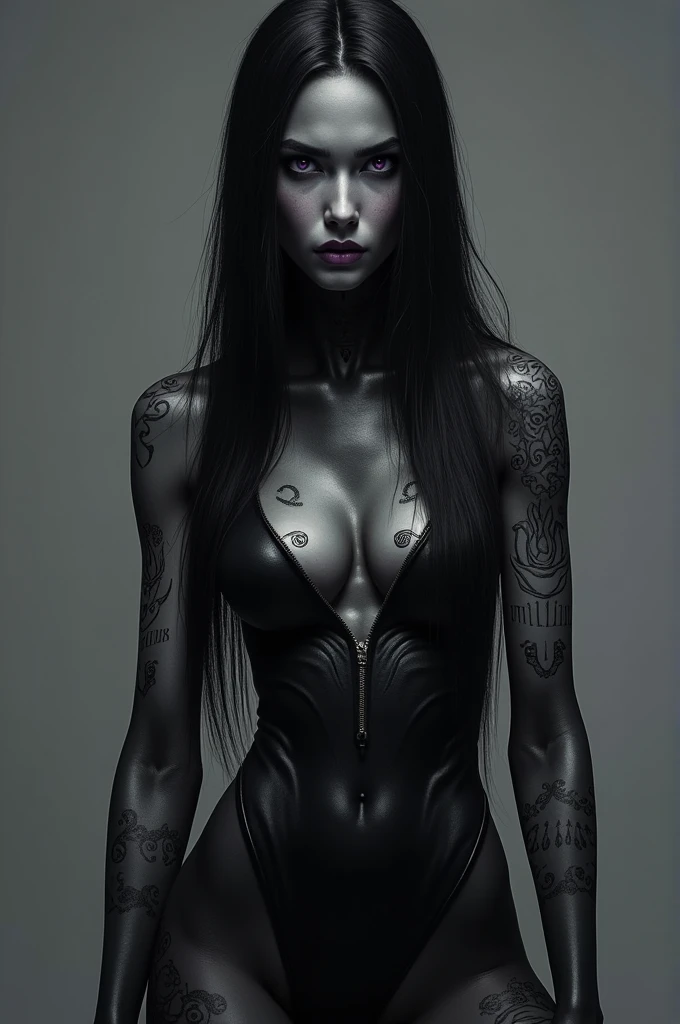 Hr giger tattooed sexy seductive dead girl, perfect face, hyper detailed ruby eyes, full body view,