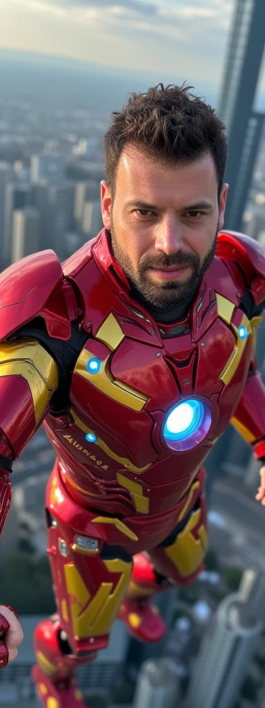 A highly detailed image of 'Titoworld' in futuristic armor similar to Iron Man's iconic suit. The armor is metallic, featuring bold red and gold colors with a glowing blue energy core in the chest. 'Titoworld' is in a heroic pose, flying through the sky using thrusters on his hands and feet, with a futuristic cityscape in the background, exuding power and confidence