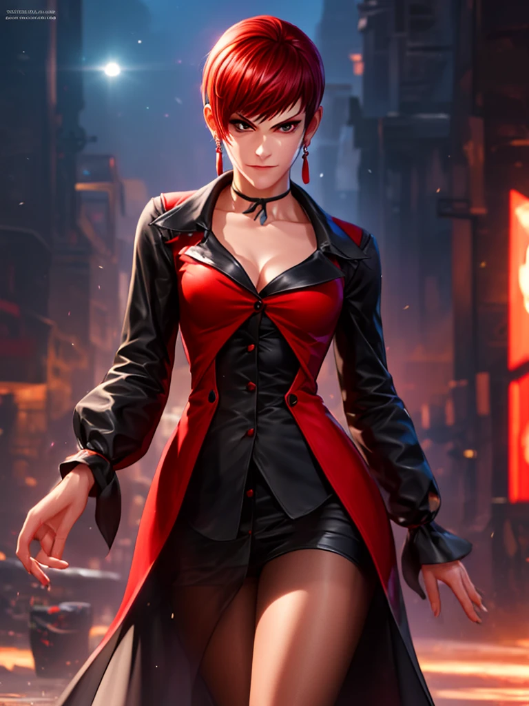 Woman in her 30s, alone, alone, athletic, very short red hair, ultra detailed, looking furiously at viewer with very upset eyes, upset and crazed gesture, has demonic costume, digital art, moonlight, young woman, perfect hands and beautiful. with perfect fingers, perfect legs, beautiful body, beautiful nose, beautiful character design, perfect face, looks at the viewer (focusing on the entire character), closed mouth, Light_Smile, official art, wallpaper 8k CG extremely detailed unit, lighting perfect, bright and colorful front lighting, glowing skin (masterpiece: 1.0), (best quality: 1.0), ultra high resolution, 4K, ultra detailed photography, 8K, HDR, high resolution, nonsense: 1.2, Kodak portra 400, grain film, blurred background, bokeh: 1.2, lens flare, (vibrant_color: 1.2), professional photography, (beautiful_face: 1.5), (narrow waist)
