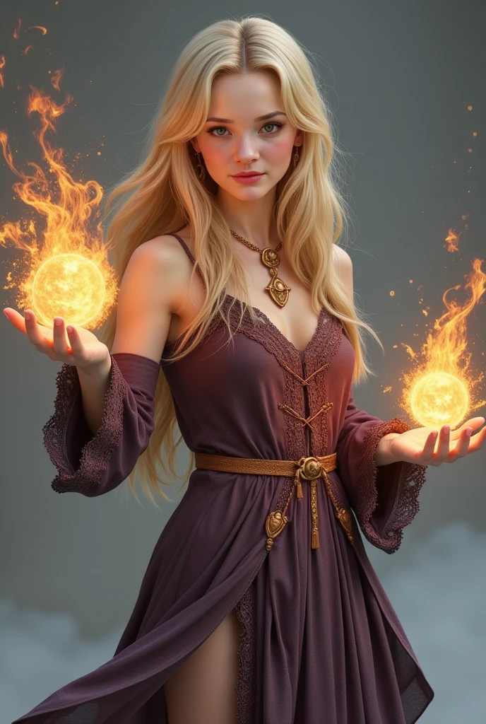 rpg game character a beautiful sorceress with long blond hair wearing dress casts a fireball in a dynamic pose without background, concentration, cold atmosphere, a bizarre mix of colors