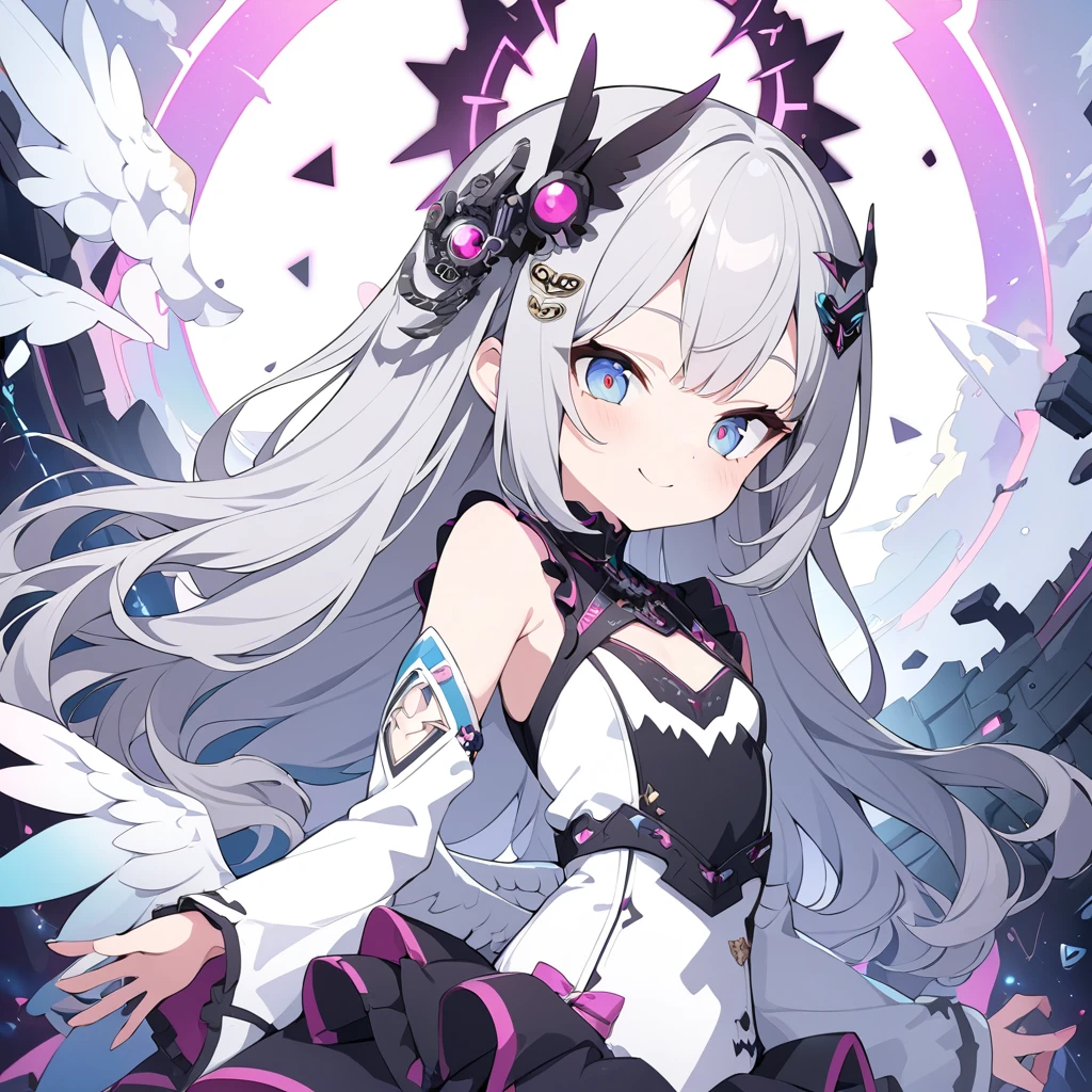 Absurd,anime,Detailed and beautiful eyes,(art),(artistic clothing:1.5),angel,gray hair,smile,(a girl:1.5),from the waist up,(small breasts:1.2),(small chest:1.2),mysterious,fallen Angel,Hello,(Large detailed hair ornament:1.2),(look away:1.5),detailed clothes,Flashy Moves,Mechanical,masterpiece, moe kawaii,abyss,luster,lame,(ultra detailed:1.2), ((highest quality)) ,Extremely Delicately Beautiful ,64k