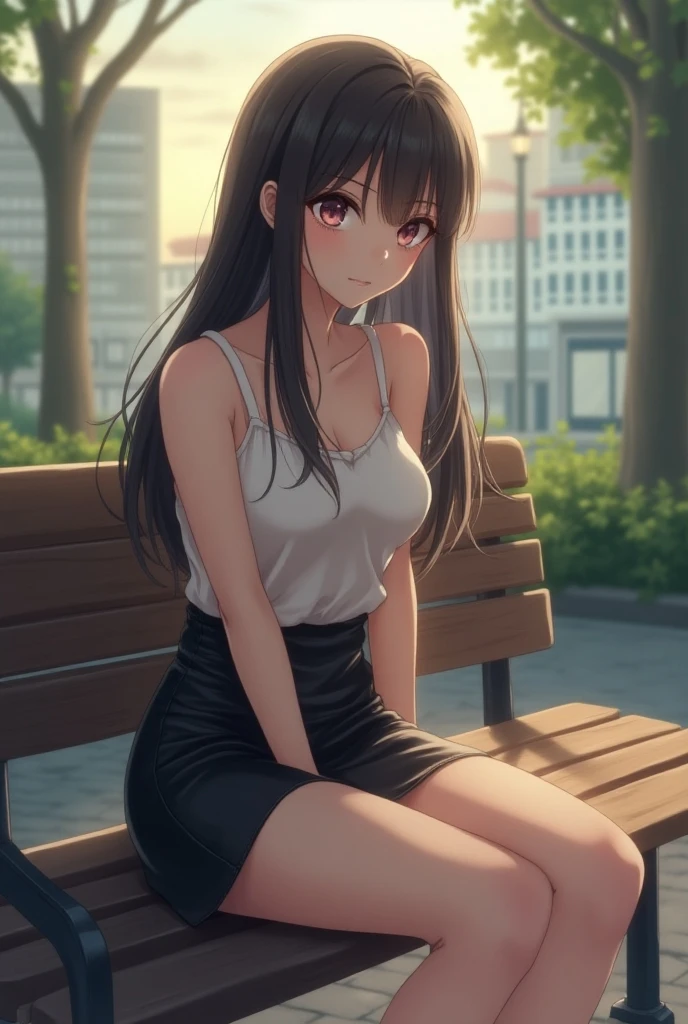 ,Female, 18 years, cute girl, Female,skirt,Slightly transparent tank top, slender body, sits on a bench, against the background of the park