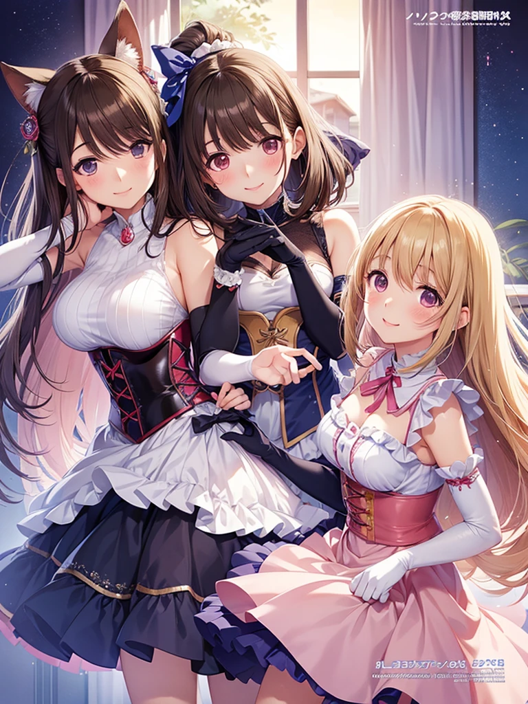 2 girls, Duet, twin, Stand side by side, Luna Nova, Teenage woman, Brown hair, Blonde hair, Long curly hair, Match hairstyle, Different hair colors, Hang down your hair, Hazel eyes, White background, best quality, Very detailed、(Huge breasts:1.8)