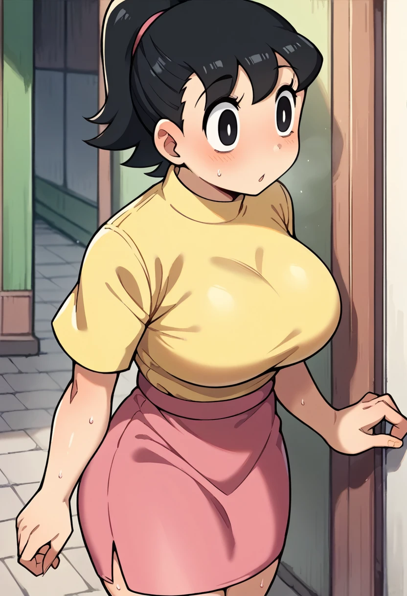 Large Breasts、Beautiful Skin、Moderate muscle、Best Quality、 High Resolution 、 anatomically correct、 textured skin、Ultra-delicate、sweat、Thighs、Black Hair、 ponytail、Yellow clothes、 pink skirt、（Large Breasts）、（Big eyes）、（Long eyelashes）、（Stare）