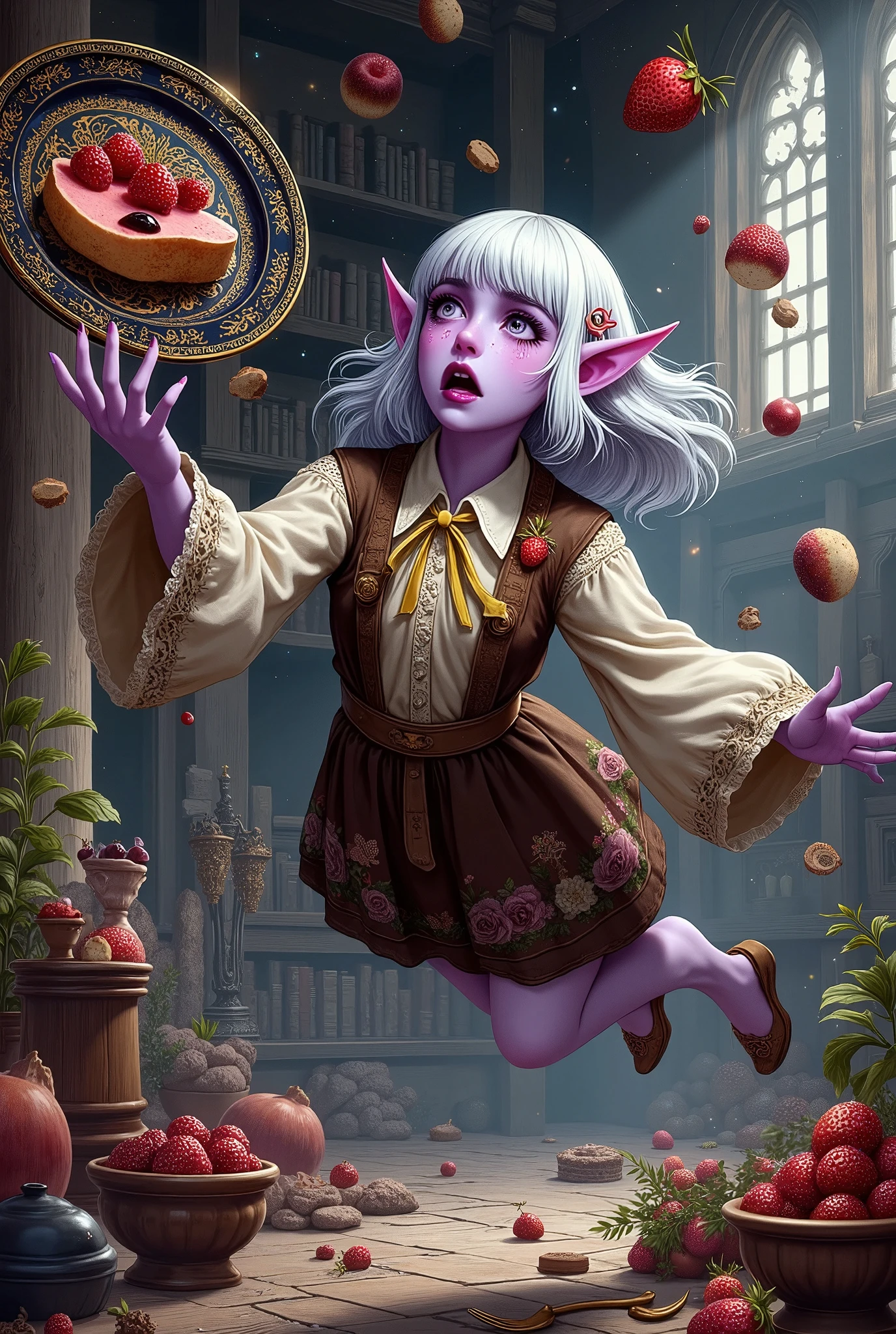 (Ultra-detailed face, Looking away, Fantasy Illustration with Gothic, rich tone colors.), BREAK 
(This is a fantasy world where magic exists in the style of medieval Eastern Europe. A female dark elf adventurer has fallen down in a daring pose in an inn room and is floating in the air face down on her stomach on the floor. She throws the gorgeous plate hand in the air with her hand. She has a very sad expression on her face as she opens her mouth and utters the words, “Oh my God. They are looking at them with tears streaming down their faces.), BREAK 
(The empty gorgeous plate floating in the air and the fruits and puddings flying in pieces in the air. Cut fruits are melons, oranges, pineapples, apples, large grapes, figs, durians, bananas, mangoes, whipped cream, syrup, water drops, cherries, and spoons flying in the air.), BREAK 
(The dark elf woman adventurer wears a hair clip with a scorpion motif and a lemon-colored ribbon tie. She is wearing a young grass-colored lace blouse, a tunic with large beige wooden buttons, and a brown knee-length skirt embroidered with a cosmos flower pattern in silver thread. She wears red laced sandals with red laces with soft leather folds.), BREAK 
(A young-aged dark elf woman with pure white hair and eyebrows, blunt bangs, medium length straight hair, small pink lips, dark-purple color skin, lavender pupils, Draw thick, dark eyeliner around the eyes.)