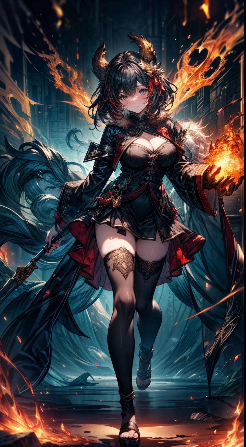 Monkey girl, silver goddess in flame-red pleated skinny cloth with golden lines accents, long sleeves, fireball, satin, fur, (stockings), decollete, natural breasts, slim body, white blue and black dress details ((rune lines on skin)), zettai ryouiki, medium length hair with golden red strands, beautiful detailed bright fire eyes, portrait, most realistic, highest quality, best quality, Detailed,Realistic, 4k highly detailed digital art, octane render, bioluminescent, (cool_color), best pixels, 8k ultra, cute monkey ears, big monkey tail, Fullbody, feet, standind up, foot, silver goddess in flame-red pleated skinny cloth with golden lines accents, long sleeves, fireball, satin, fur, (stockings), decollete, natural breasts, slim body, big weapons, ((rune lines on skin)), zettai ryouiki, medium length hair with golden red strands, beautiful detailed bright blue fire eyes, big monkey ears, long black hair, portrait, most realistic, chinese dress, highest quality, best quality, Detailed,Realistic, 4k highly detailed digital art, octane render, bioluminescent, (cool_color), best pixels, 8k ultra