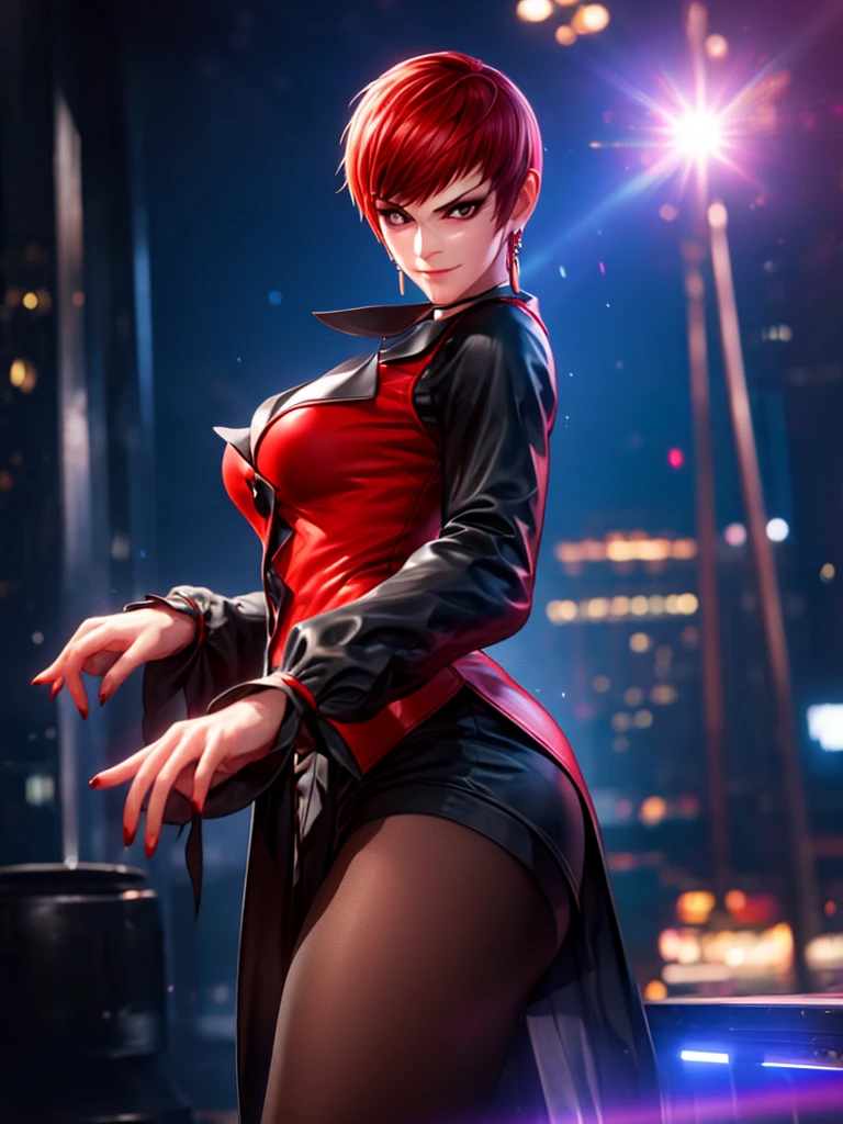 Woman in her 30s, alone, alone, athletic, very short red hair, ultra detailed, looking furiously at viewer with very upset eyes, upset and crazed gesture, has demonic costume, digital art, moonlight, young woman, perfect hands and beautiful. with perfect fingers, perfect legs, beautiful body, beautiful nose, beautiful character design, perfect face, looks at the viewer (focusing on the entire character), closed mouth, Light_Smile, official art, wallpaper 8k CG extremely detailed unit, lighting perfect, bright and colorful front lighting, glowing skin (masterpiece: 1.0), (best quality: 1.0), ultra high resolution, 4K, ultra detailed photography, 8K, HDR, high resolution, nonsense: 1.2, Kodak portra 400, grain film, blurred background, bokeh: 1.2, lens flare, (vibrant_color: 1.2), professional photography, (beautiful_face: 1.5), (narrow waist)
