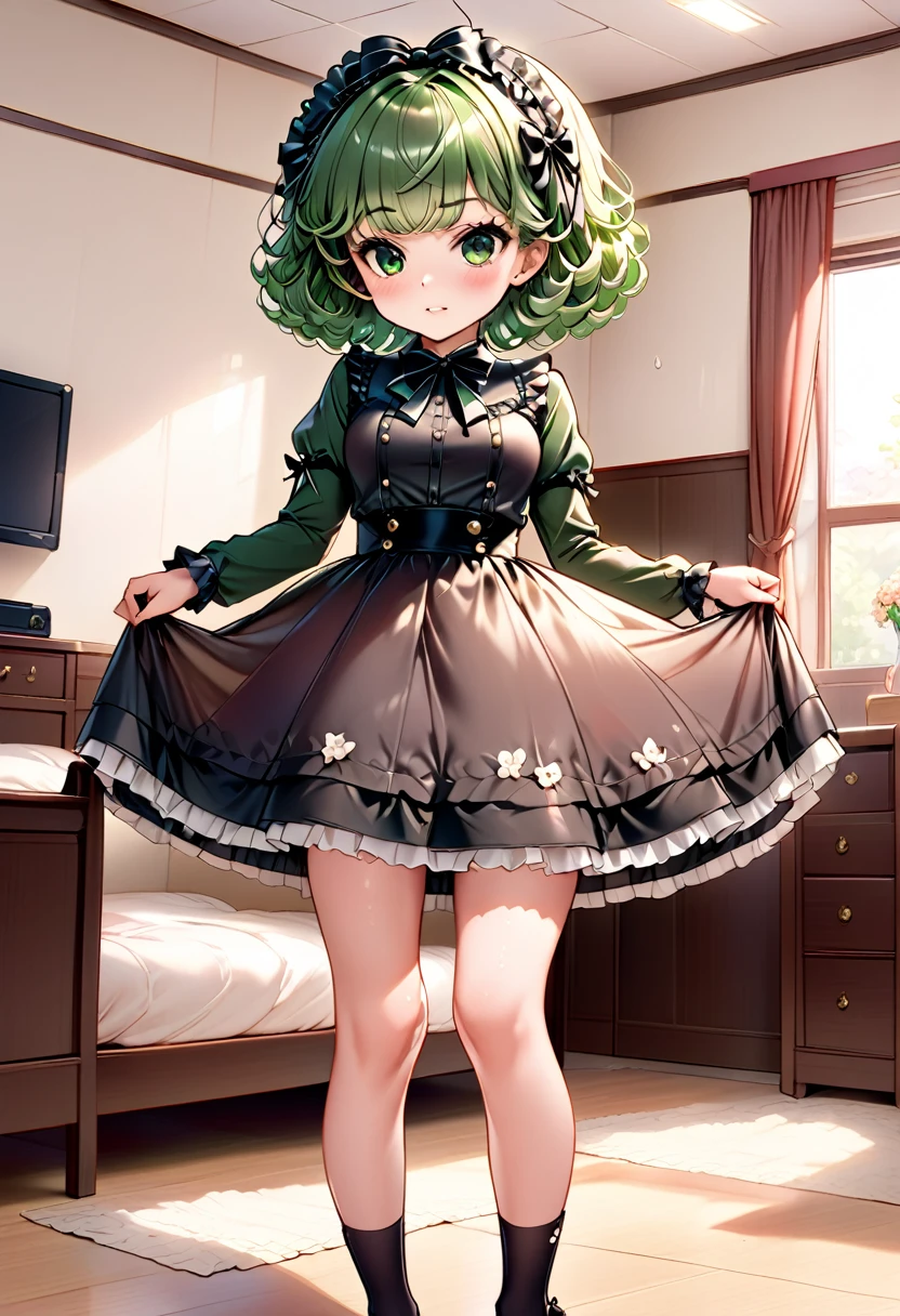 (very young girl, young, very low height, , low length, 80 cm, low length, small head), (Full body display down to the toes, Young face) , (Standing next to the bed, bed room, Fairytale-like room ), (A triumphant look, Frowning, こちらを Staring , An extraordinary smile with only the lips ,  Staring , small lips, cute face, very young face ), (beautiful detail), ( Very profuse sweating), Erotic, (Thin limbs, Small waist, Small Ass), Best Quality, Highest quality, (), (No makeup, Young face, Cute face, Green Eyes ), (No socks on), (cute face), (knees、Thighs、She spreads her legs and shows off her crotch), (Short limbs like a , , Very short stature, , , very young, Little person syndrome, Very young, Kindergarteners), Erect nipples, Young Tatsumaki, (Erotic tan lines, Tanned skin),  (wearing very sexy Sweet-****ta fashion dress,  wearing white panties made of thin enough fabric to be seen through,  I'm wearing clothes that are very thin and almost transparent, A skirt so short that you can see the panties, Underwear under clothes can be seen through), Her breasts are super large, Tatsumaki, flipping up the skirt by oneself