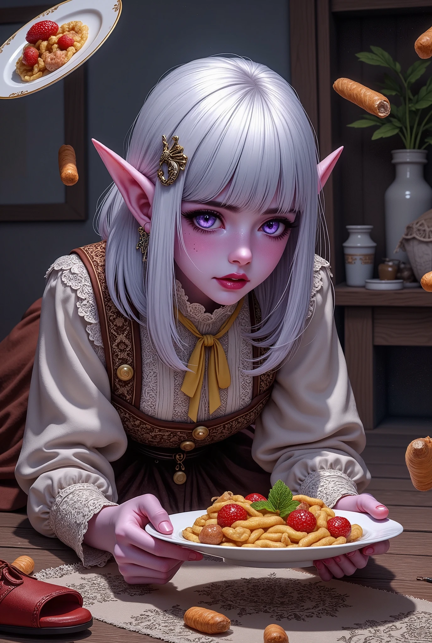 (Ultra-detailed face, Looking away, Fantasy Illustration with Gothic, rich tone colors.), BREAK 
(This is a fantasy world where magic exists in the style of medieval Eastern Europe. A female dark elf adventurer has fallen down in a daring pose in an inn room and is lying face down on the floor with her stomach down. She throws the gorgeous plate hand in the air with her hand. She has a very sad expression on her face as she opens her mouth and utters the words, “Oh my God. They are looking at them with tears streaming down their faces.), BREAK 
(The empty gorgeous plate floating in the air and the fruits and puddings flying in pieces in the air. Cut fruits are melons, oranges, pineapples, apples, large grapes, figs, durians, bananas, mangoes, whipped cream, syrup, water drops, cherries, and spoons flying in the air.), BREAK 
(The dark elf woman adventurer wears a hair clip with a scorpion motif and a lemon-colored ribbon tie. She is wearing a young grass-colored lace blouse, a tunic with large beige wooden buttons, and a brown knee-length skirt embroidered with a cosmos flower pattern in silver thread. She wears red laced sandals with red laces with soft leather folds.), BREAK 
(A young-aged dark elf woman with pure white hair and eyebrows, blunt bangs, medium length straight hair, small pink lips, dark-purple color skin, lavender pupils, Draw thick, dark eyeliner around the eyes.)