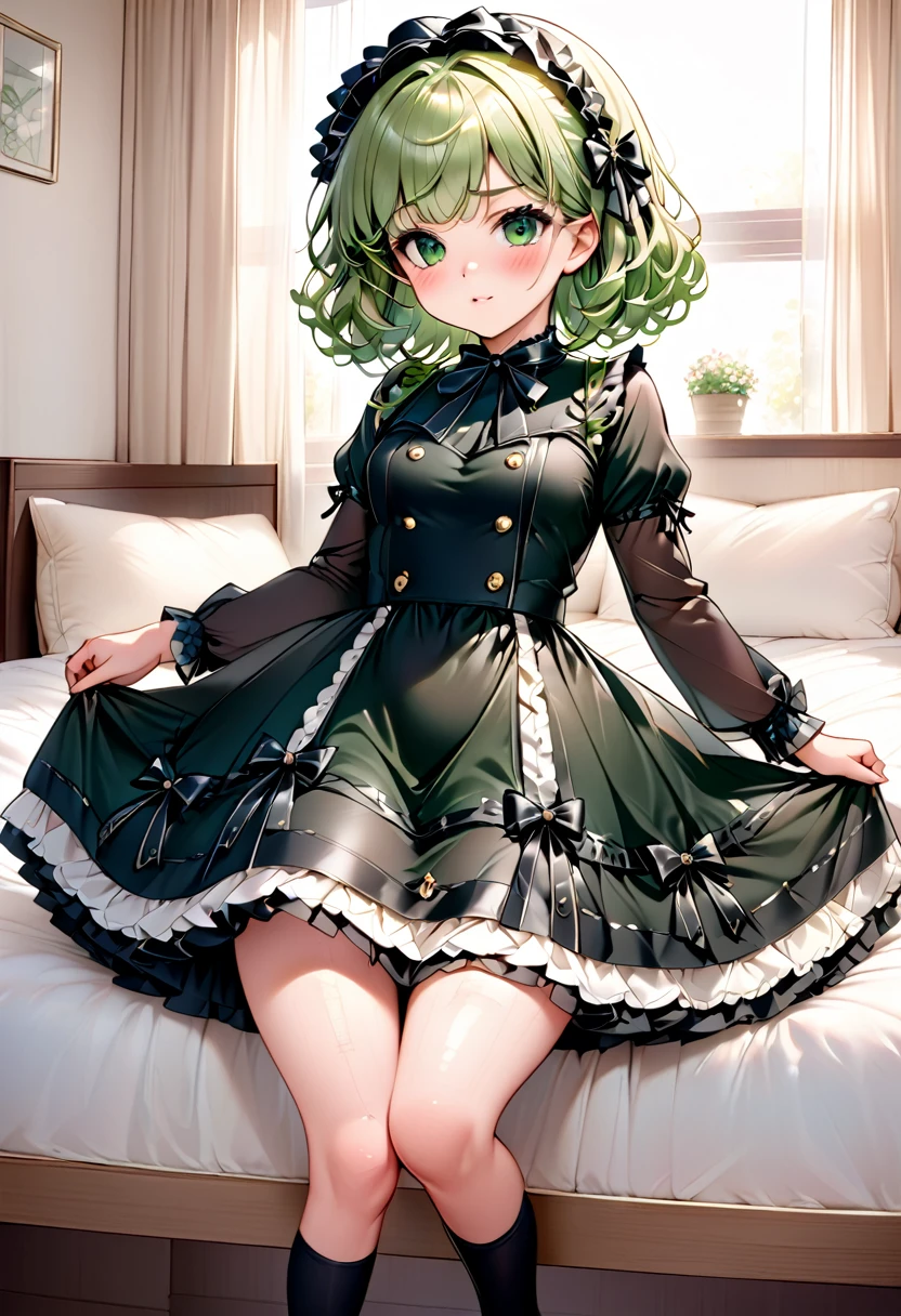 (very young girl, young, very low height, , low length, 80 cm, low length, small head), (Full body display down to the toes, Young face) , (Standing next to the bed, bed room, Fairytale-like room ), (A triumphant look, Frowning, こちらを Staring , An extraordinary smile with only the lips ,  Staring , small lips, cute face, very young face ), (beautiful detail), ( Very profuse sweating), Erotic, (Thin limbs, Small waist, Small Ass), Best Quality, Highest quality, (), (No makeup, Young face, Cute face, Green Eyes ), (No socks on), (cute face), (knees、Thighs、She spreads her legs and shows off her crotch), (Short limbs like a , , Very short stature, , , very young, Little person syndrome, Very young, Kindergarteners), Erect nipples, Young Tatsumaki, (Erotic tan lines, Tanned skin),  (wearing very sexy Sweet-****ta fashion dress,  wearing white panties made of thin enough fabric to be seen through,  I'm wearing clothes that are very thin and almost transparent, A skirt so short that you can see the panties, Underwear under clothes can be seen through), Her breasts are super large, Tatsumaki, She flips up her skirt and shows off her panties