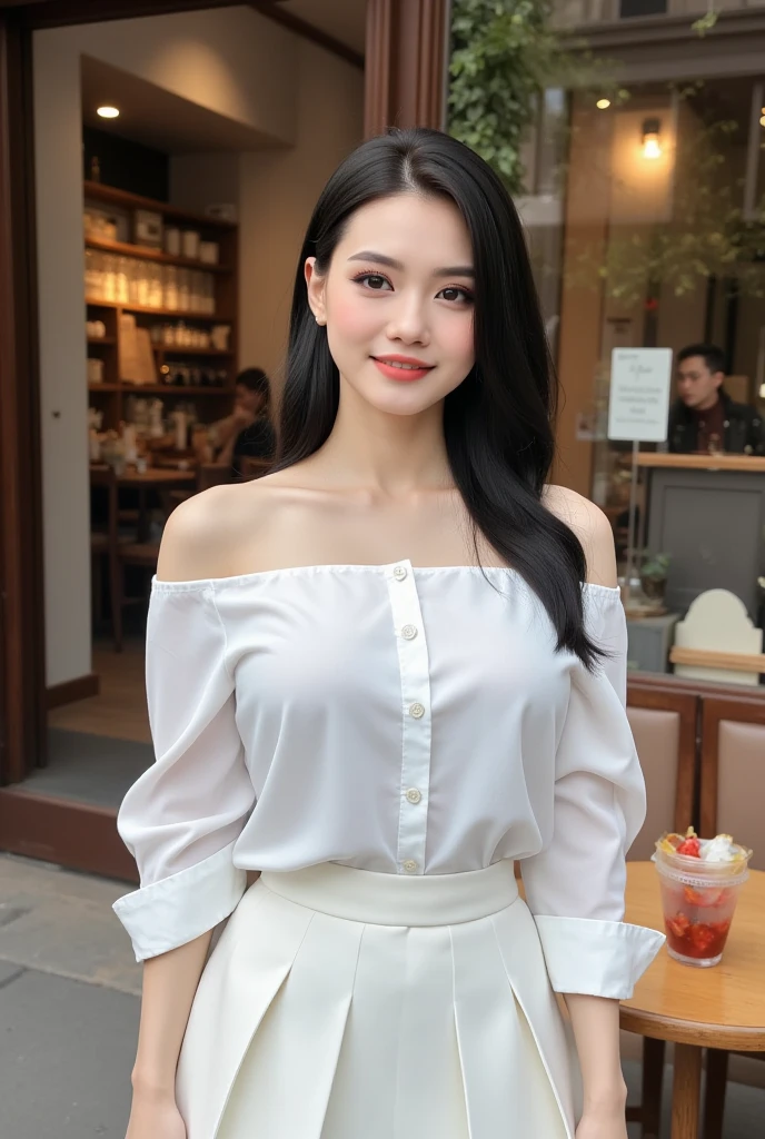 photography, model shoot, perfect body, looking directly at the camera, cowboy shot of a beautiful Asian woman wearing a white off shoulder shirt and white skirt standing outside a cafe, she is posing, she has pretty lipstick, outdoor