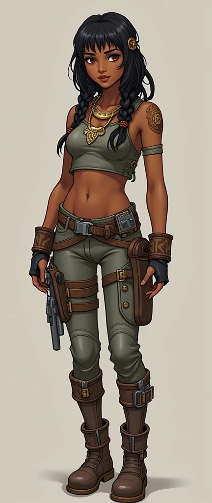 ** Meisterwerk im Cartoon-Stil einer Detektivin mit einer Waffe, Mittellanges glattes blondes Haar mit geflochtenem Kranz, graue Camouflage-Leggings, schwarze Handschuhe, Pistolenholster, stimmungsvolle Szene, best quality, detailed beautiful face, detaillierte Hautstruktur, ultra detailed body, Nahaufnahme des Gesichts, Full body view, Vorderseite, Back and side angles.**