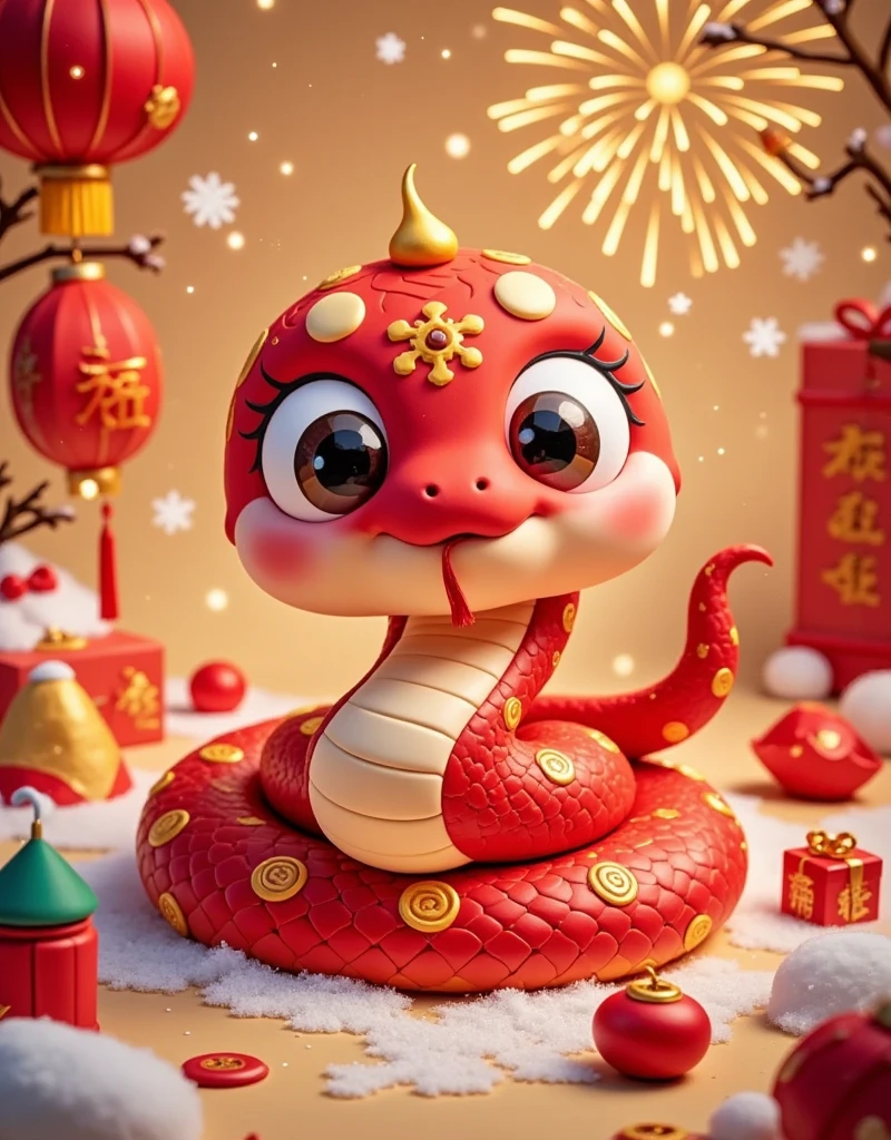 masterpiece，（Boutique），Very detailed， looks super detailed ，Anthropomorphism，q version snake ，Big eyes， cute shape ， surrounded by special Chinese New Year gifts，New Year Elements ，The Chinese Year of the Snake ，Red Snake，fireworks，lantern，couplet，snowflake，Chibi，Cartoon，Tempera，illustration，Clay，High contrast tones，Vivid colors，Complementary colors，Warm colors