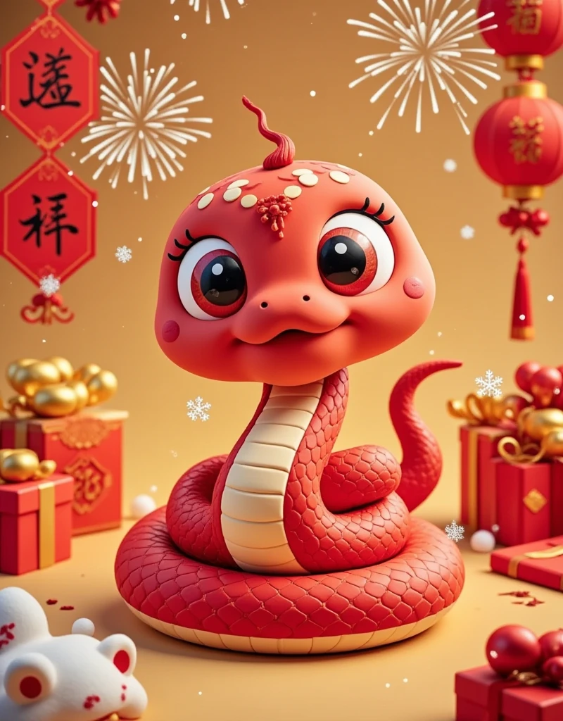 masterpiece，（Boutique），Very detailed， looks super detailed ，Anthropomorphism，q version snake ，Big eyes， cute shape ， surrounded by special Chinese New Year gifts，New Year Elements ，The Chinese Year of the Snake ，Red Snake，fireworks，lantern，couplet，snowflake，Chibi，Cartoon，Tempera，illustration，Clay，High contrast tones，Vivid colors，Complementary colors，Warm colors