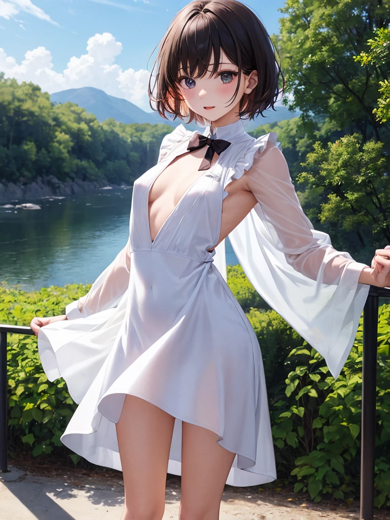 girl, alone, masterpiece, highest quality, 8k, High resolution, sit on a blanket,, Light Green Dress, Light white sundress, at the park,
1 girl, kasumi nakasu, Magenta Eyes,short hair, Hair Clip, (flat chest:1.2), blush, ,masterpiece, Highly detailed face, Highly detailed eyes, Highly detailed background, perfection、(see-through nipples:1.1), (see-through pussy:1.1)