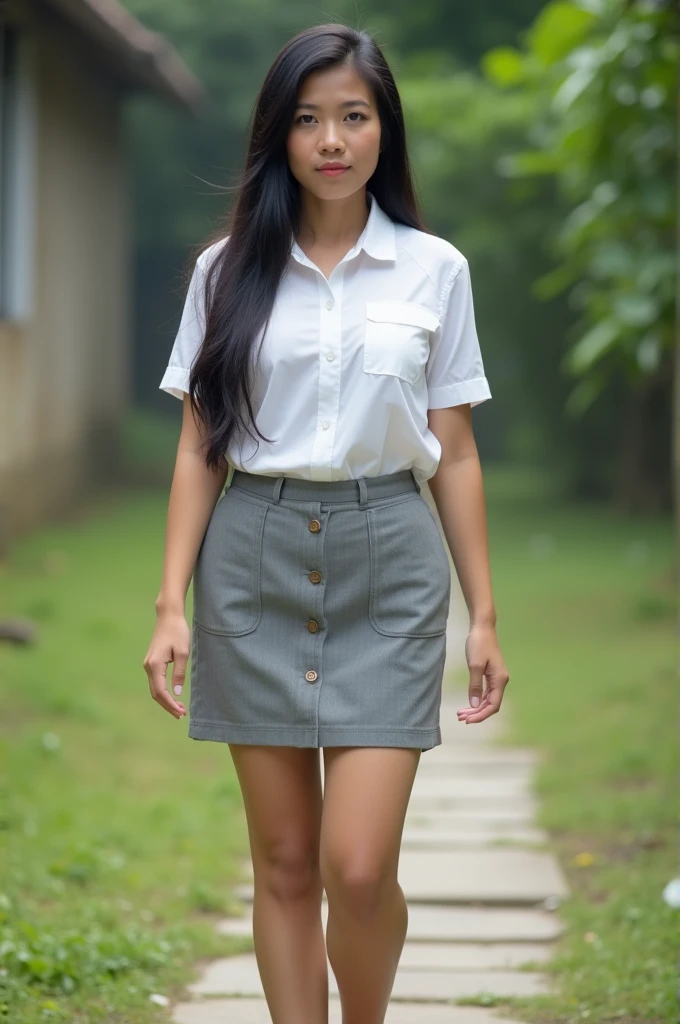 cinematic photo cinematic film still sm4c3w3k, white fabric, grey fabric,full body photo of the most beautiful woman in the world wearing the sm4c3w3k, collared shirt, short sleeves, skirt, pocket, . shallow depth of field, vignette, highly detailed, high budget Hollywood movie, bokeh, cinemascope, moody, epic, gorgeous, film grain, grainy . 35mm photograph, film, bokeh, professional, 4k, highly detailed