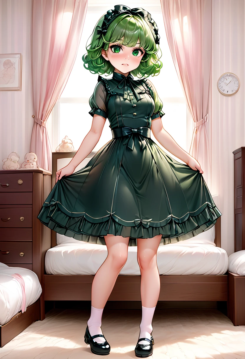 (very young girl, young, very low height, , low length, 80 cm, low length, small head), (Full body display down to the toes, Young face) , (Standing next to the bed, bed room, Fairytale-like room ), (A triumphant look, Frowning, こちらを Staring , An extraordinary smile with only the lips ,  Staring , small lips, cute face, very young face ), (beautiful detail), ( Very profuse sweating), Erotic, (Thin limbs, Small waist, Small Ass), Best Quality, Highest quality, (), (No makeup, Young face, Cute face, Green Eyes ), (No socks on), (cute face), (knees、Thighs、She spreads her legs and shows off her crotch), (Short limbs like a , , Very short stature, , , very young, Little person syndrome, Very young, Kindergarteners), Erect nipples, Young Tatsumaki, (Erotic tan lines, Tanned skin),  (wearing very sexy Sweet-Lolita fashion dress,  wearing white panties made of sheer thin fabric, The fabric is very thin 、 I'm wearing clothes that look transparent ,  A skirt so short that my panties are in full view, Underwear under clothes can be seen through), Her breasts are super large, Tatsumaki,  I'm flipping my skirt to show off my panties 