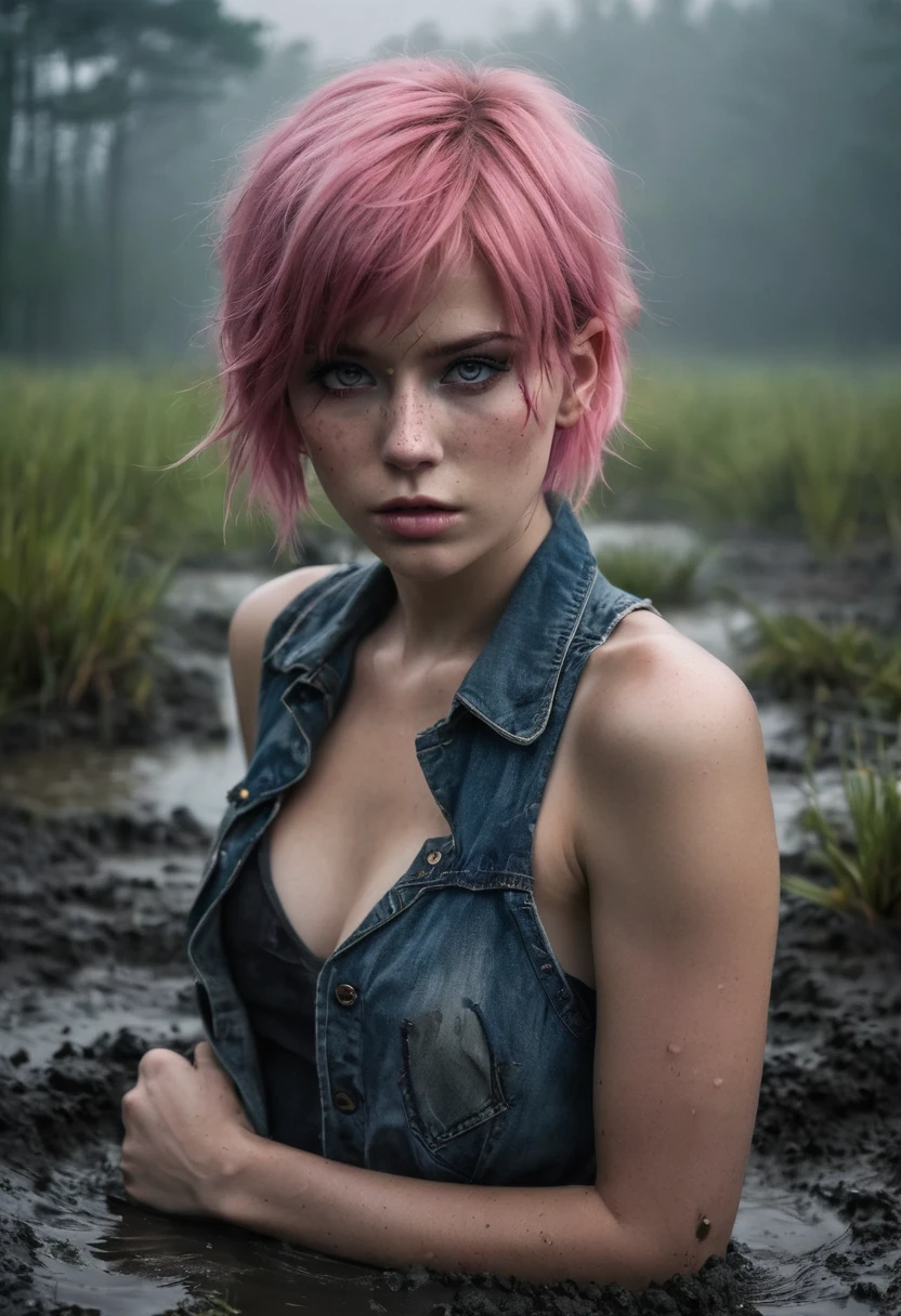 (Best Quality,hight resolution,Masterpiece, Overhead view:1.20),Ultra-detailed,The woman,Wide flares on jeans,sickly,drowning in a swamp, (seductively stuck at the bottom of the mud pit:1.2),gloomy ecstasy,fetish,dark gloomy atmosphere,gritty texture,Retro-atmosphere,warped reality,melancholic expression on his face,mysterious aura,foggy atmosphere,foggy background,Subtle color palette,provocative pose,Strong emotions,Coming Out of the Depths of Despair,Piercing gaze,intense shadows,Plunged in Darkness,Rugged terrain,ominous vibe,A supernatural sensation,Loss of Place in Time and Space,Eerie silence.asymmetrical bangs, freckles, pink short hair, Bangs, freckles, gray eyes,