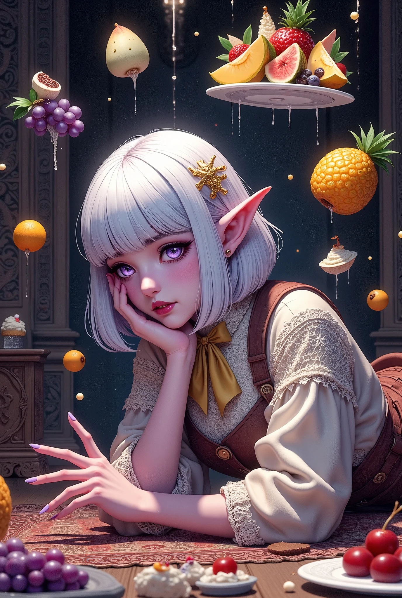 (Ultra-detailed face, Looking away, Fantasy Illustration with Gothic, rich tone colors.), BREAK 
(This is a fantasy world where magic exists in the style of medieval Eastern Europe. A female dark elf adventurer has fallen in her inn room and lies face down on the floor on her stomach. She throws the gorgeous plate hand in the air with her hand. She has a very sad expression on her face as she opens her mouth and utters the words, “Oh my God. They are looking at them with tears streaming down their faces.), BREAK 
(The empty gorgeous plate floating in the air and the fruits and puddings flying in pieces in the air. Cut fruits are melons, oranges, pineapples, apples, large grapes, figs, durians, bananas, mangoes, whipped cream, syrup, water drops, cherries, and spoons flying in the air.), BREAK 
(The dark elf woman adventurer wears a hair clip with a scorpion motif and a lemon-colored ribbon tie. She is wearing a young grass-colored lace blouse, a tunic with large beige wooden buttons, and a brown knee-length skirt embroidered with a cosmos flower pattern in silver thread. She wears red laced sandals with red laces with soft leather folds.), BREAK 
(A young-aged dark elf woman with pure white hair and eyebrows, blunt bangs, medium length straight hair, small pink lips, dark-purple color skin, lavender pupils, Draw thick, dark eyeliner around the eyes.)