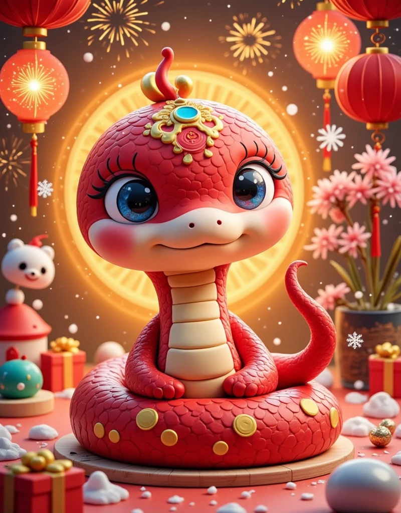 masterpiece，（Boutique），Very detailed， looks super detailed ，Anthropomorphism，q version snake ，Big eyes， cute shape ， surrounded by special Chinese New Year gifts，New Year Elements ，The Chinese Year of the Snake ，Red Snake，fireworks，lantern，couplet，snowflake，Chibi，Cartoon，Tempera，illustration，Clay，High contrast tones，Vivid colors，Complementary colors，Warm colors