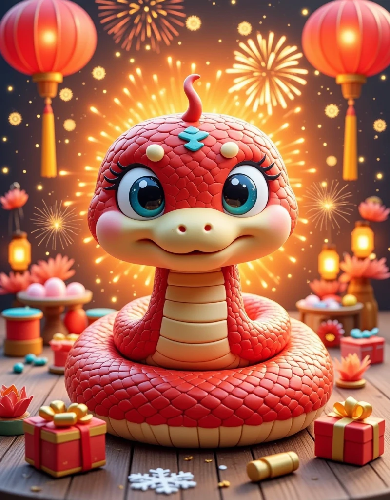 masterpiece，（Boutique），Very detailed， looks super detailed ，Anthropomorphism，q version snake ，Big eyes， cute shape ， surrounded by special Chinese New Year gifts，New Year Elements ，The Chinese Year of the Snake ，Red Snake，fireworks，lantern，couplet，snowflake，Chibi，Cartoon，Tempera，illustration，Clay，High contrast tones，Vivid colors，Complementary colors，Warm colors