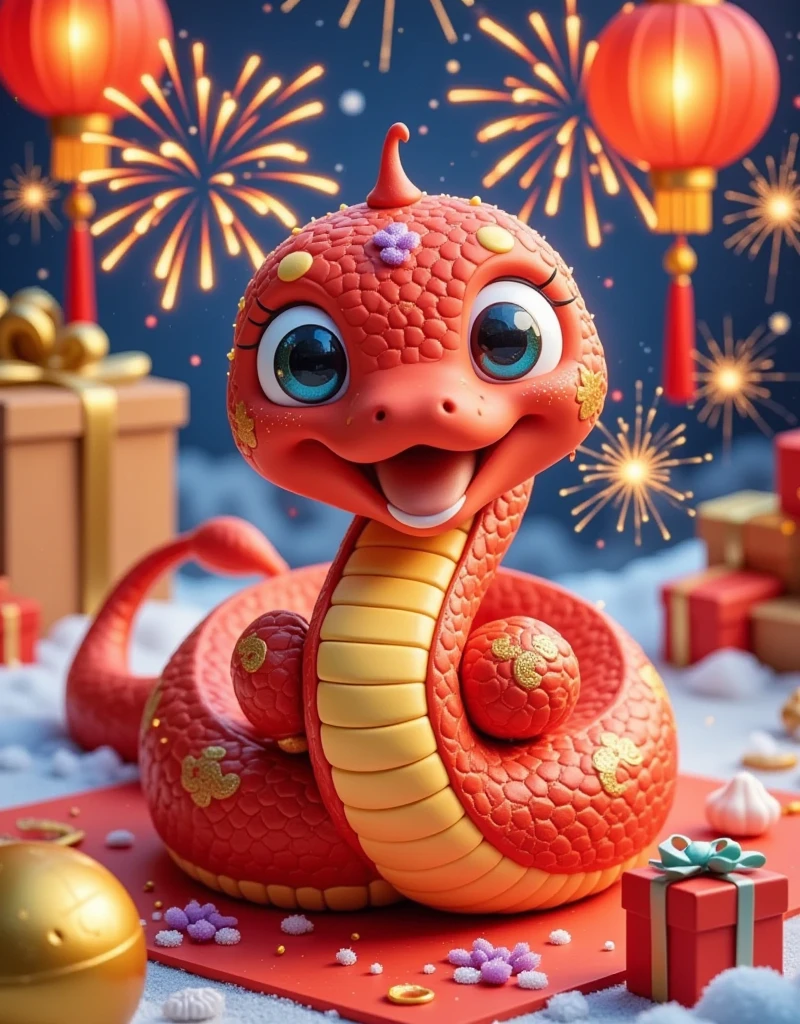 masterpiece，（Boutique），Very detailed， looks super detailed ，Anthropomorphism，q version snake ，Big eyes， cute shape ， surrounded by special Chinese New Year gifts，New Year Elements ，The Chinese Year of the Snake ，Red Snake，fireworks，lantern，couplet，snowflake，Chibi，Cartoon，Tempera，illustration，Clay，High contrast tones，Vivid colors，Complementary colors，Warm colors